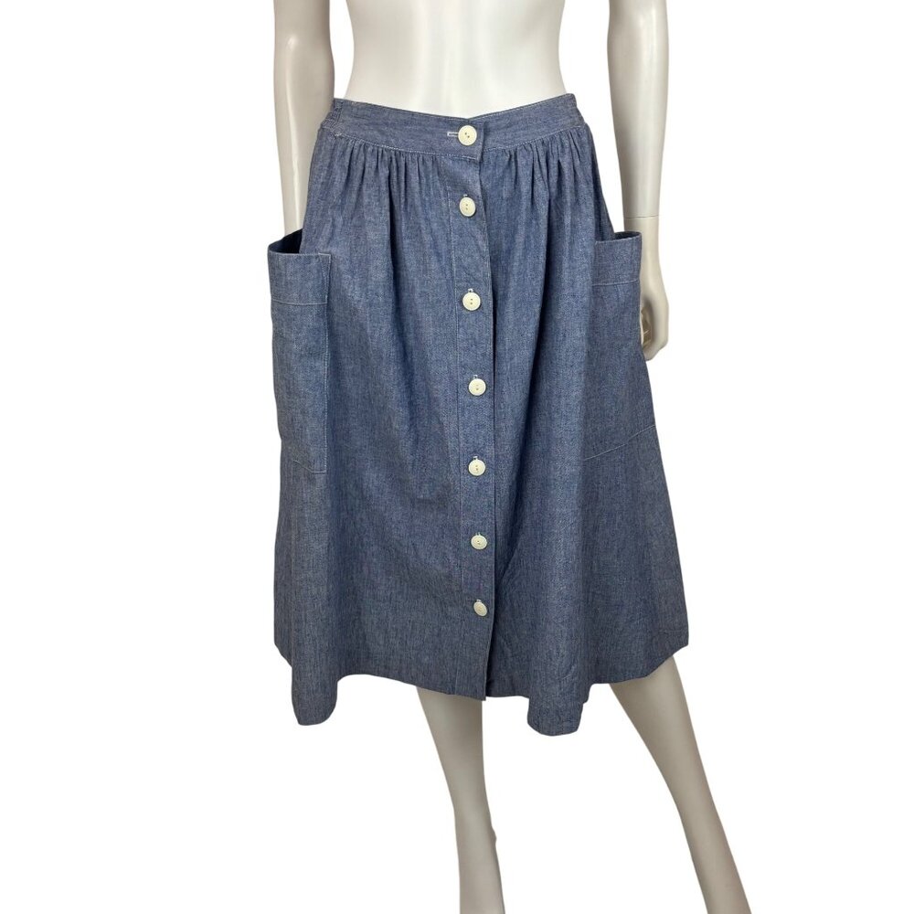 Vintage 80s Chambray Skirt Womens Small Blue Fit & Flare Button Down Hip Pockets - Picture 2 of 10